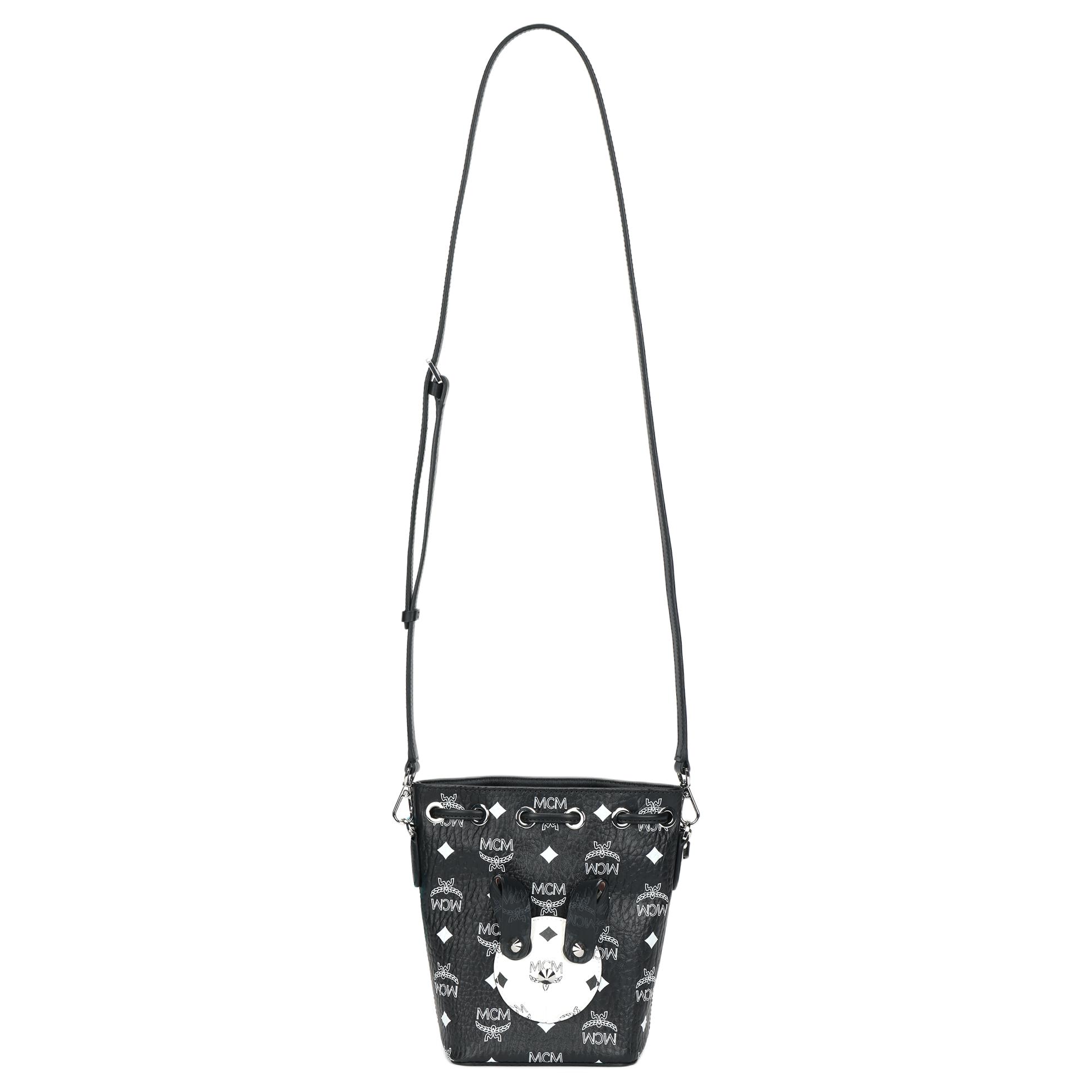 

New MCM Visetos Leather Bucket Bag, Handbag, Shoulder Bag Extra Mini Women s Black MWDBSXL04BV001 13.0*8.4*19.1CM