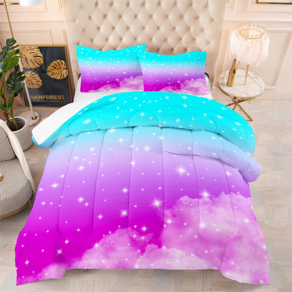 Quilt Gradient Clouds Sky Layered Feather Silk Quilt Fat Quilt Core Rainbow Quilt Cover Three-piece Set