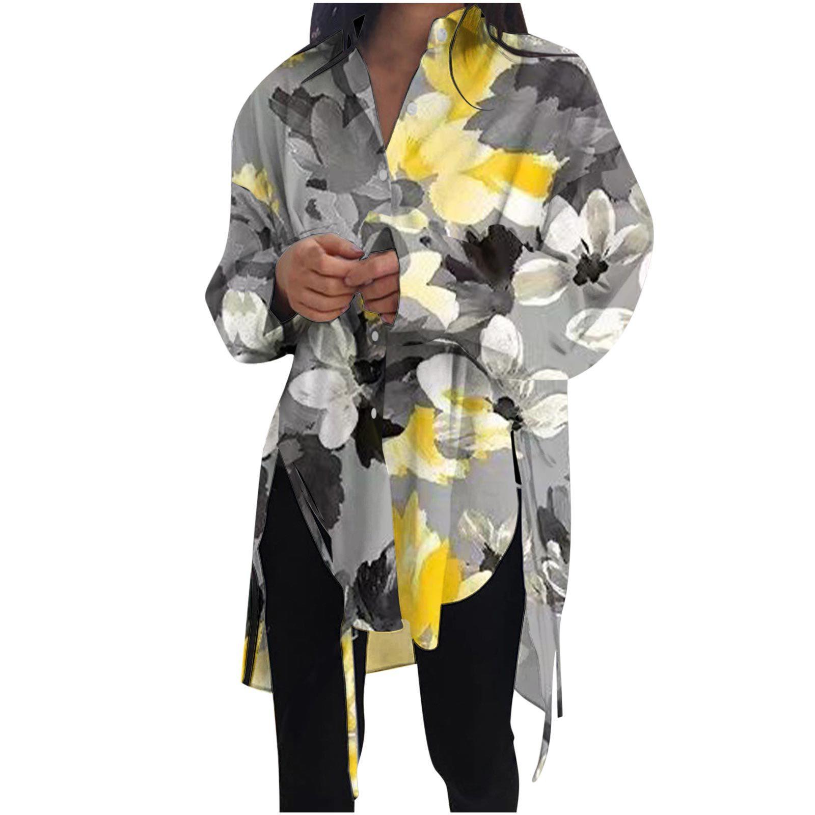 

Модная женская блузка, повседневная рубашка с отложным воротником и длинным рукавом с разрезом подол 5XL