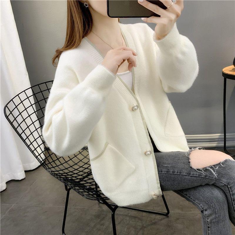 New Autumn and Winter Clothing Solid Color Imitation Mink Fleece Sweater Cardigan Women's Loose Versatile Knitted Top Jacket Women