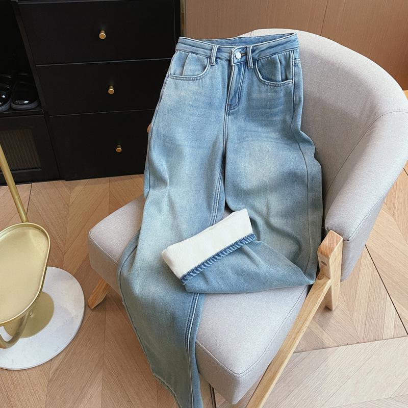 Jeans Rétro Doublés Polaire Taille Haute pour Femmes - Hiver Amincissant Décontracté Style Coréen