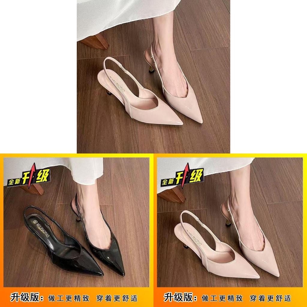 French Stylish Sexy Cat Heel Sandals With Patent Synthetic Leather For Summer Casual Wear