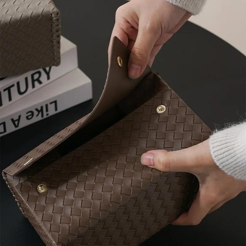 Luxury Woven Leather Tissue Box Cover, Creative Minimalist Napkin Holder for Living Room Desktop, High-End Home Decor Organizer