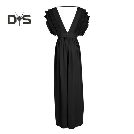 Dámské večerní šaty Nízký střih s výstřihem do V s létajícími rukávy Vrstvený nařasený plisovaný vysoký pas Jednobarevné Jednobarevné Šaty na podlahu Prom Cocktail Party Maxi šaty