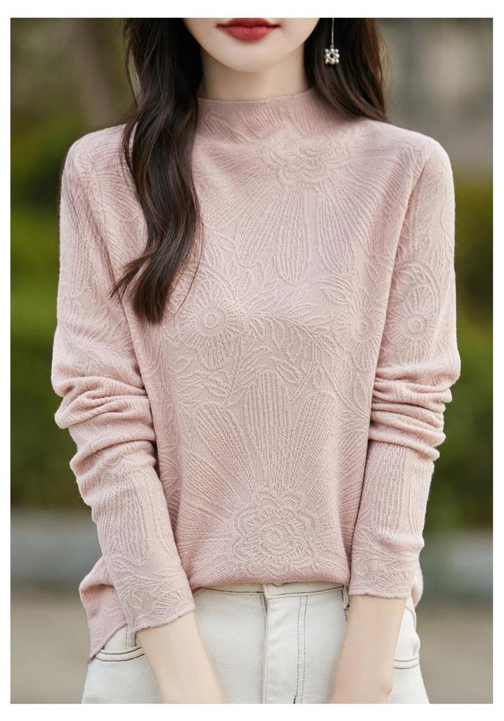 Women's Korean-Style Wool Knit Sweater - Autumn Collection, Half-High Neck, Carved Design