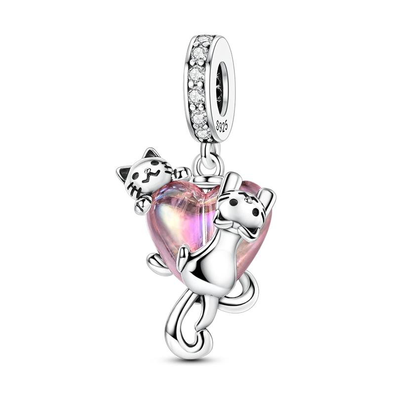 925 Sterling Copper Aircraft Travel Charms Bead Inlaid Pink Zirconium Love Heart Pendants Fit Original Bracelet Zircon Gift