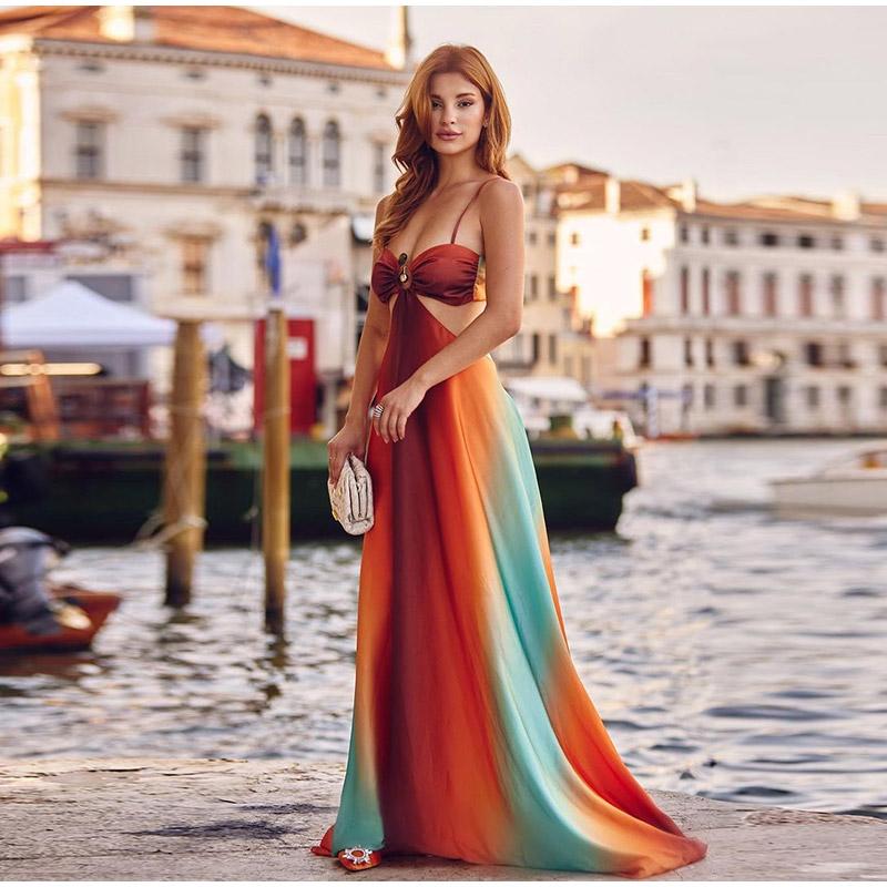 Tie-Dye Farbverlauf Ausgeschnitten Damen Maxi Kleid Elegant Schulterfrei A-Linien Saum Lange Kleider Neu Sommerurlaub Damenroben