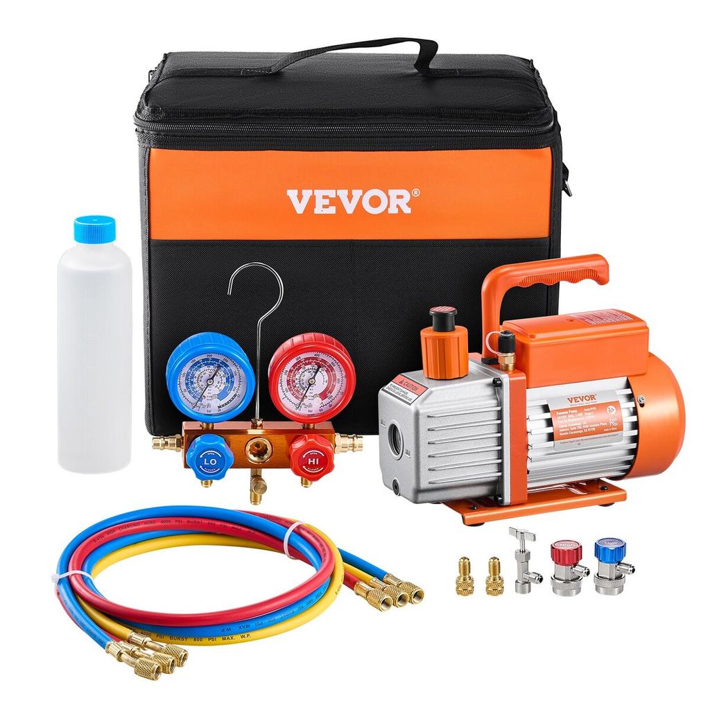 3.5 CFM HVAC Single Stage Rotary Vane Vacuum Pump and Manifold Gauge Kit Compatible with R134a, R22, R12, R502, R502, R410A, R404, and R407C