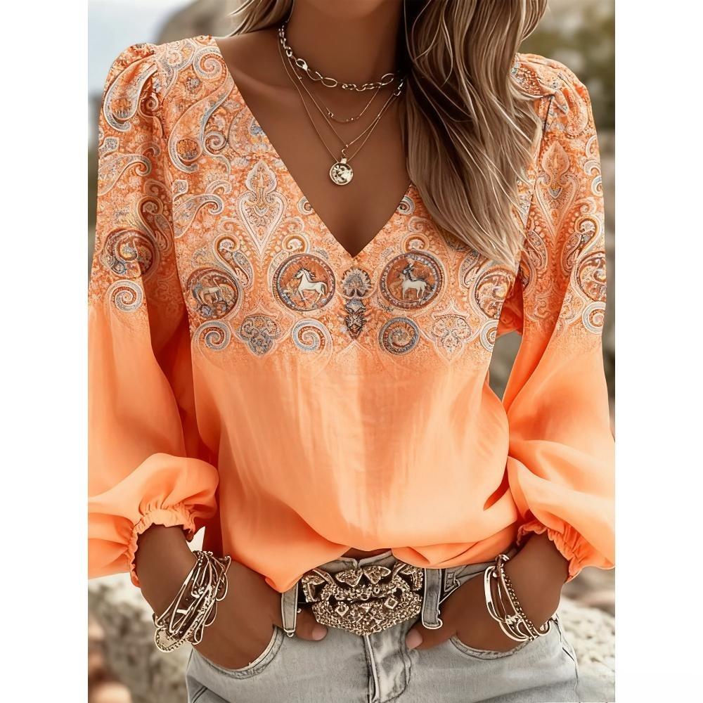 

Lady s vintage western print V-neck blouse, an ideal choice for Christmas and New Year gifts, suitable for summer vacations and outdoor gatherings XXL помаранчевий