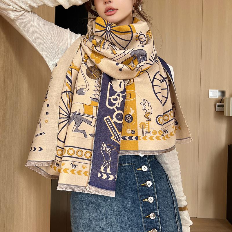 Thickened Double-sided Imitation Cashmere Scarf Shawl Retro Carriage Fashionable Imitation Cashmere Scarf for Women