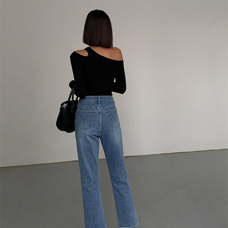 Módní zkosený límec Trička s dlouhým rukávem Ženy Jaro 2024 Nové Solid Slim Fit Crop Top Sexy trička Hollow Out