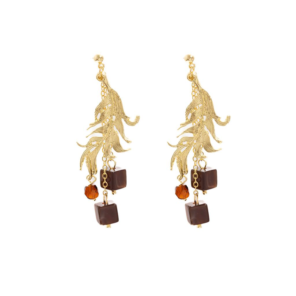 Medieval Gold Yiyu Pendant Earrings, Court Retro Leaf Square Earrings, Niche Light Luxury High-End Earrings.