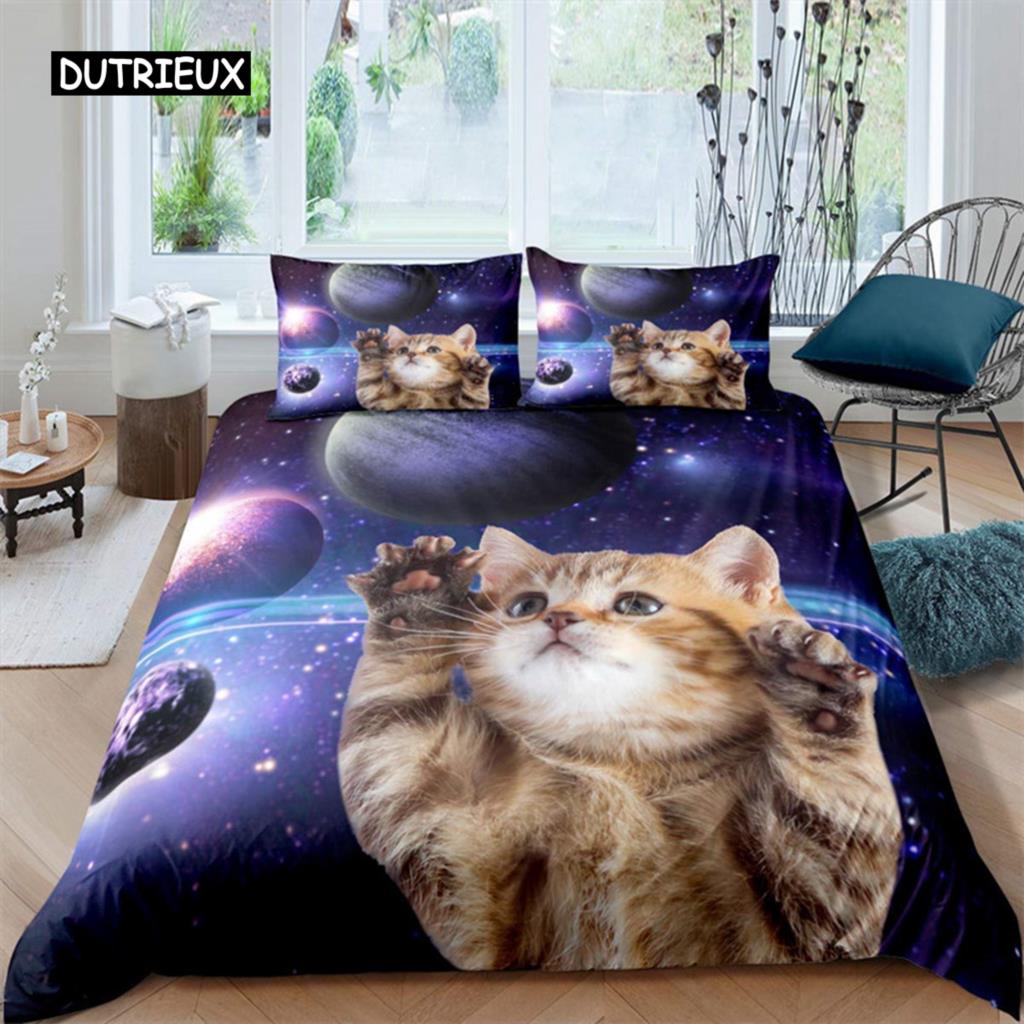 Cat Duvet Cover Set Cat Lover Gifts Bedding Set Microfiber Cute Kitten Pattern Animal Theme Double Queen King Size Quilt Cover