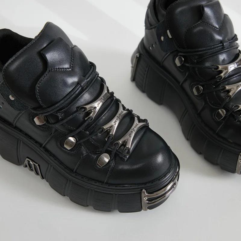 Fashion Spring and Autumn New Women's Shoes Heavy Metal Thick Soles Increase High and Low Punk Small Leather Shoes Black Motorcycle Boot