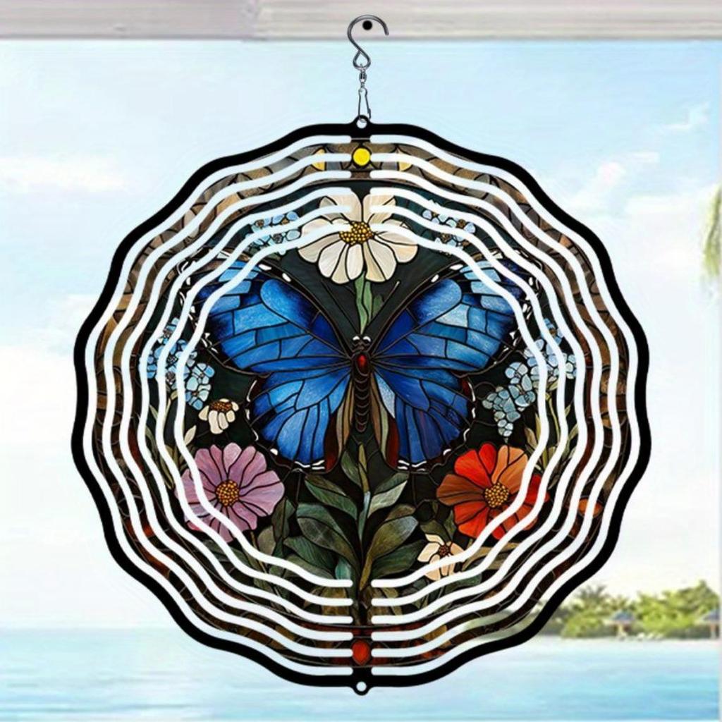 Blauer Schmetterling Floral Metall Windspiel Außengartendekor Rotierend Windbetrieben Kein Strom Naturfreunde Geschenk Terrasse Hof Dekoration