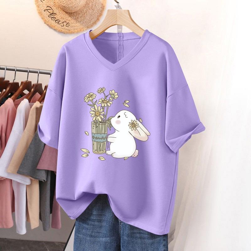 Dámské tričko s krátkým rukávem, volného střihu, zeštíhlující top s potiskem a výstřihem do V