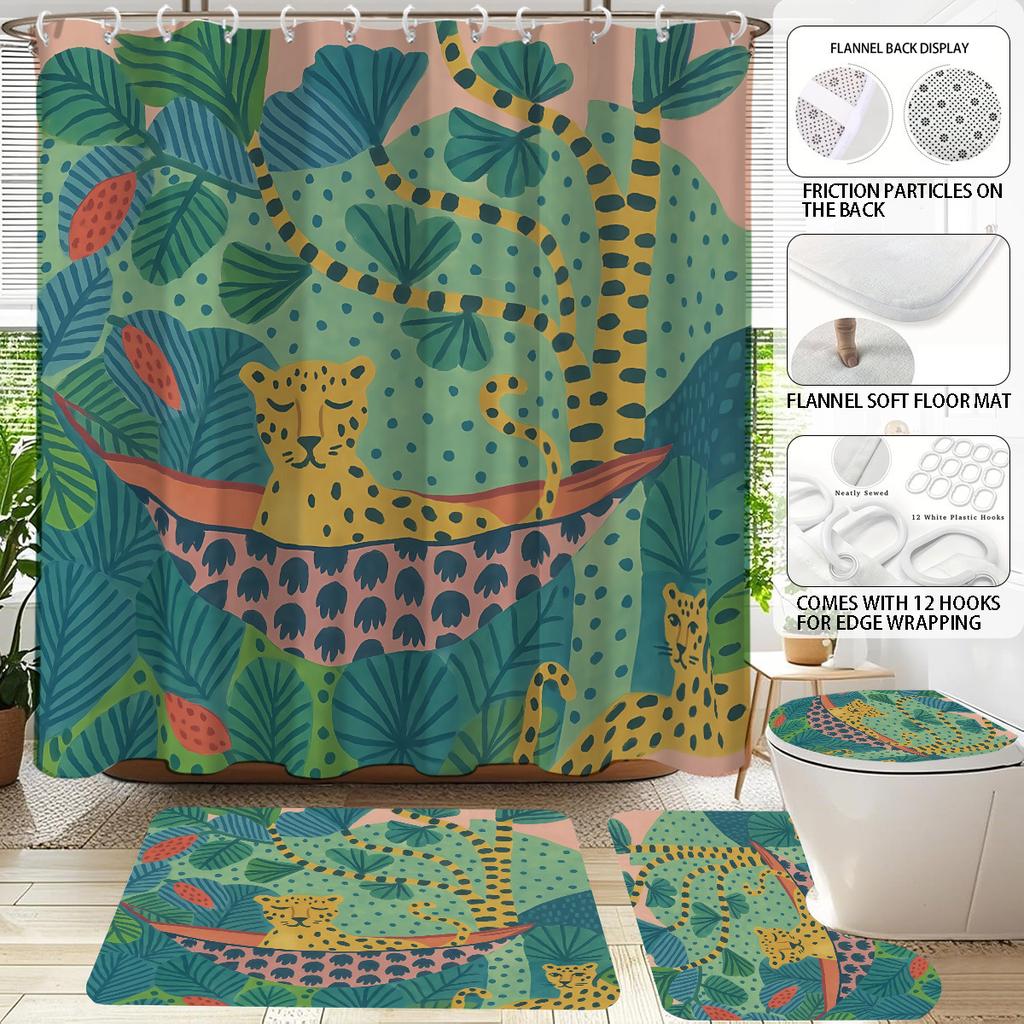 Bathroom Four-Piece Leopard 3D Digital Printing Shower Curtain Set Non-Slip Floor Mat