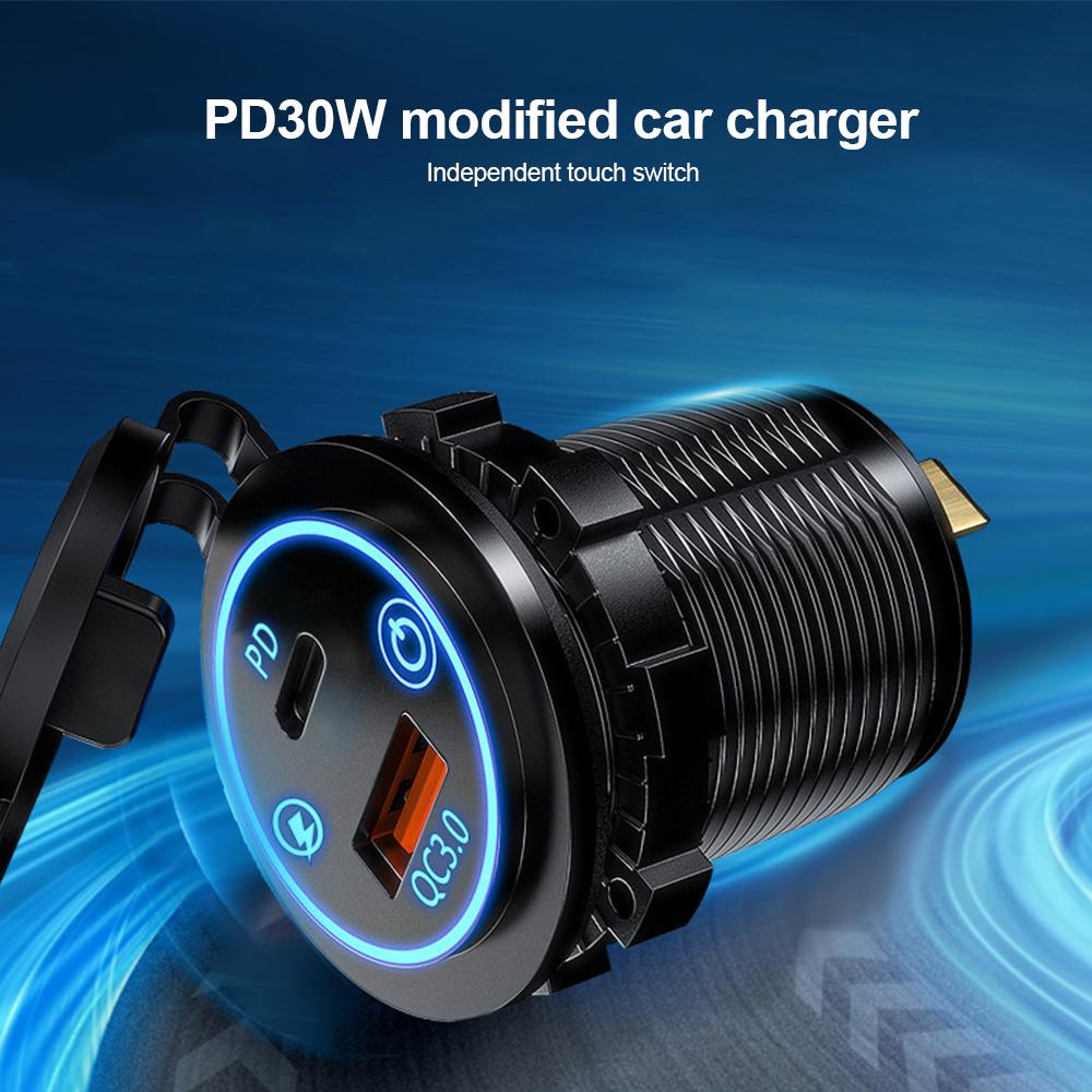 IP65 Waterproof 12-24V Car Charger Socket, PD QC3.0 Dual USB Type C Fast Charging Power Outlet with ON/OFF Switch for Motorcycle, Truck, RV, ATV, Boat