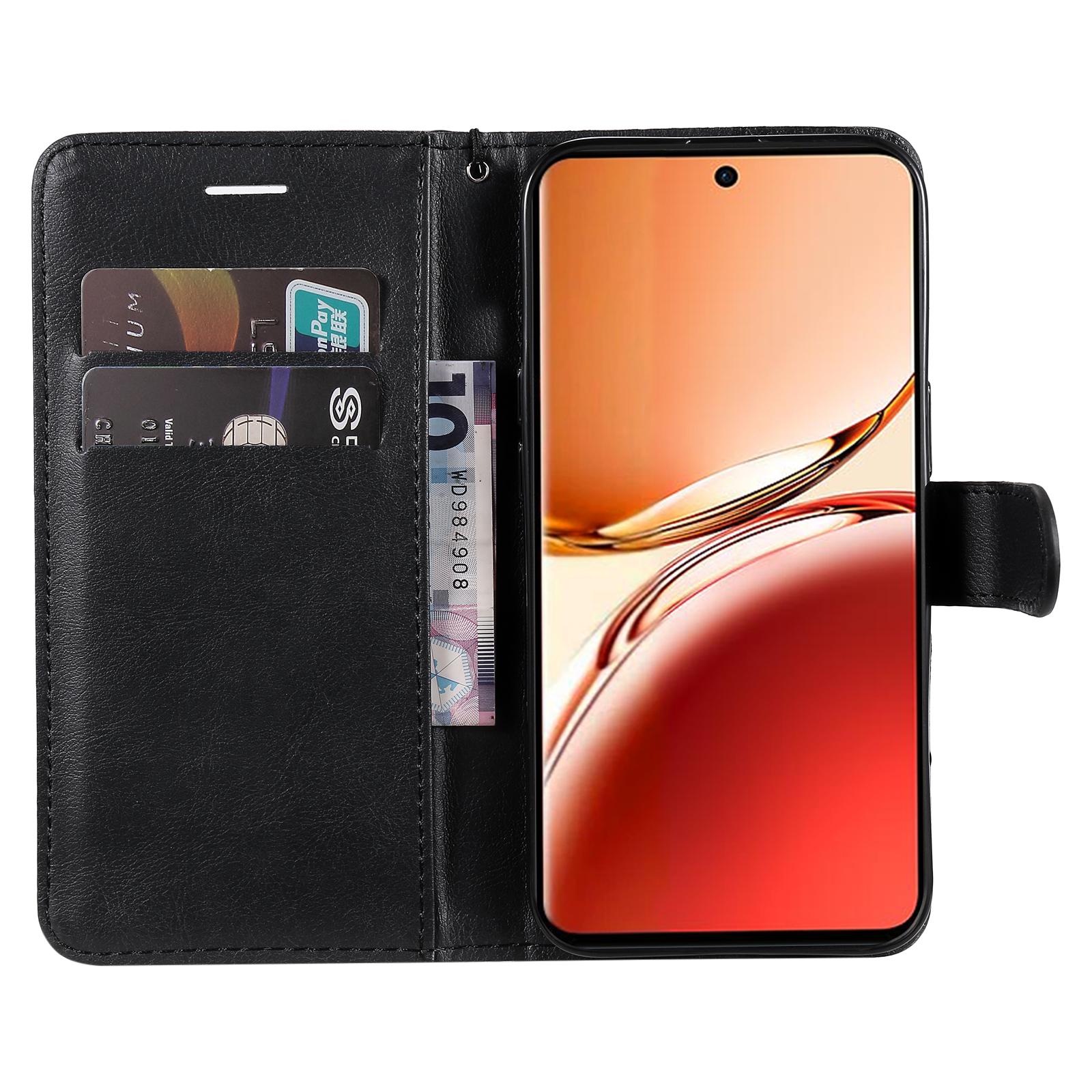 

For Oppo Reno12 F 4G Case Solid Color Leather Mobile Cover Wallet Stand with Strap Black