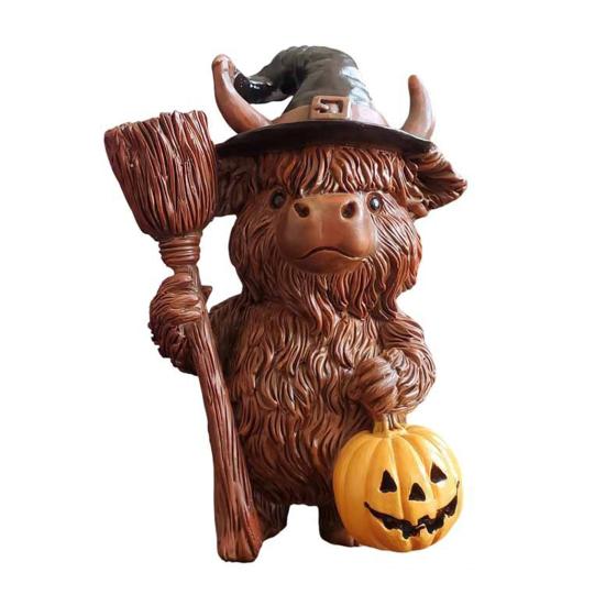 Highland Cow Resin Figurine Halloween Christmas Highland Cattle Cat Statue Animal Sculpture Holiday Party Decoration Ornament