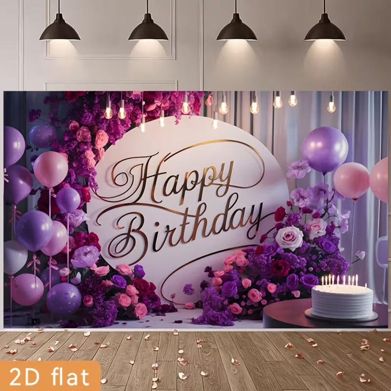 2D Elegant Purple Flower Happy Birthday Photography Background