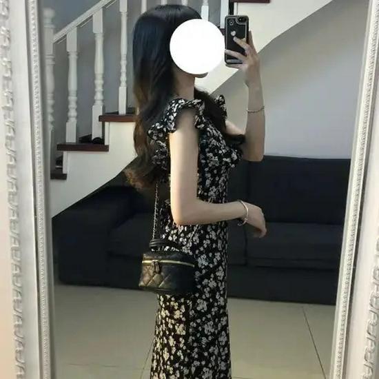 Summer 2024 Hepburn-Style Black Floral Slimming Long Dress for Women