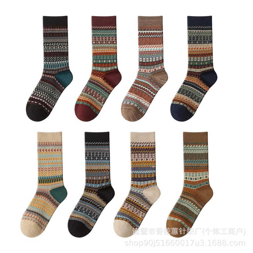 Autumn Crew Breathable Knitted Geometry Pattern Warm Ladies Terry Wool Socks