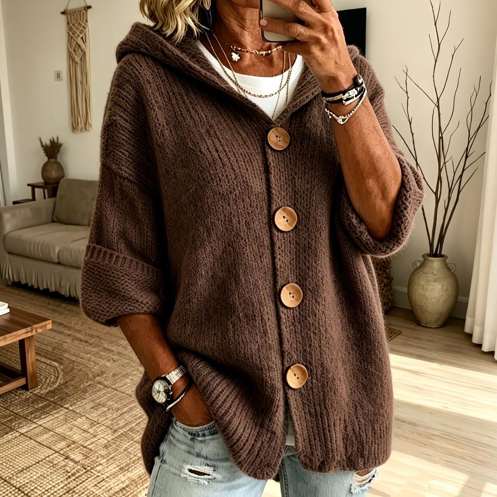Damen Farbe Langarm Knopfleiste Kapuze Strickjacke Pullover für Herbst Winter