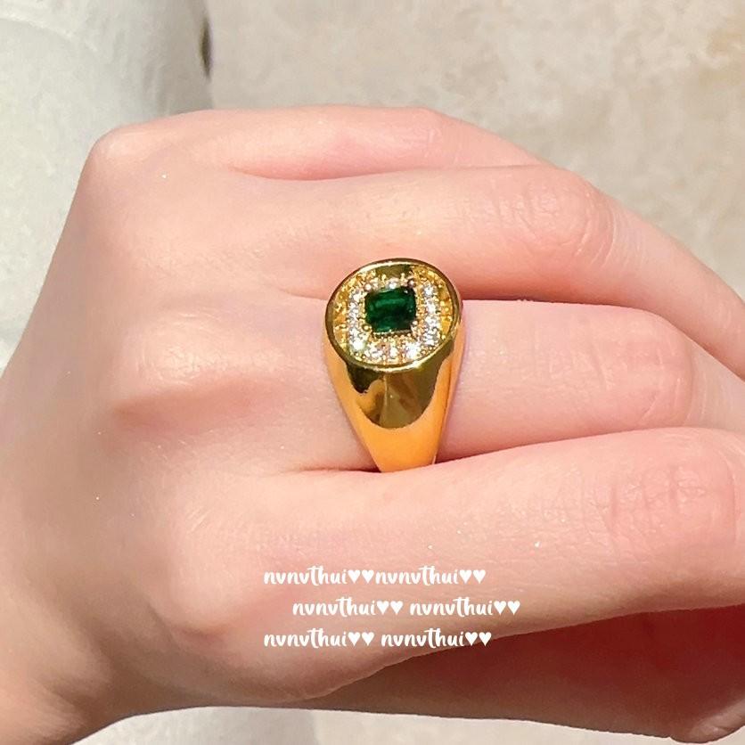 Кольцо Фара с изогнутым камнем, Антикварное, Позолоченное 18K Золотом, Выпуклый Изумруд, Кольцо с Цирконами