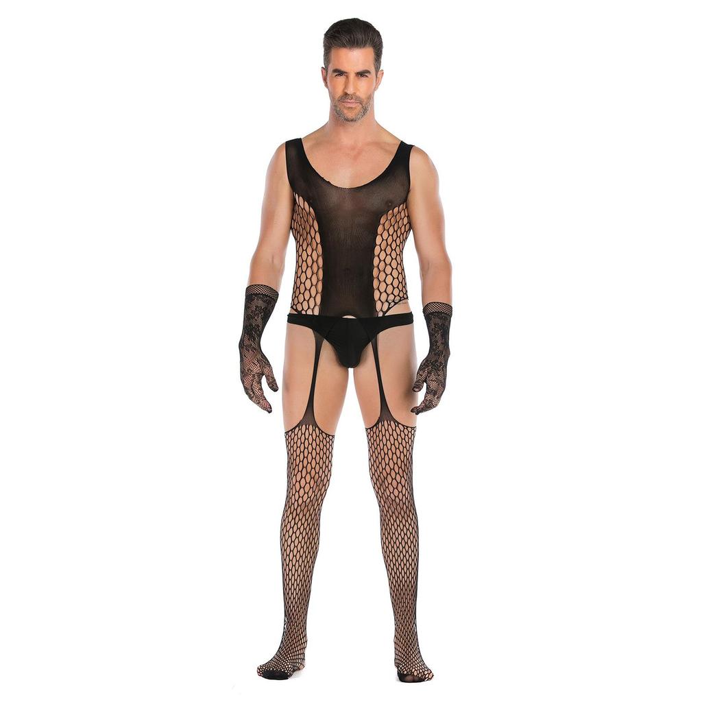 Men's Plus Size Open Crotch Fishnet Bodysuit Temptation Costume Set