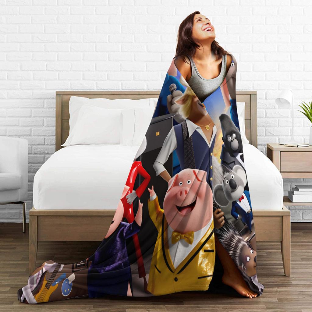 Sing 2 Film Tutti i Personaggi Buster Ash Coperta di Flanella Morbida Resistente Plaid per Esterno Copriletto con Fantasia Copri Divano Letto