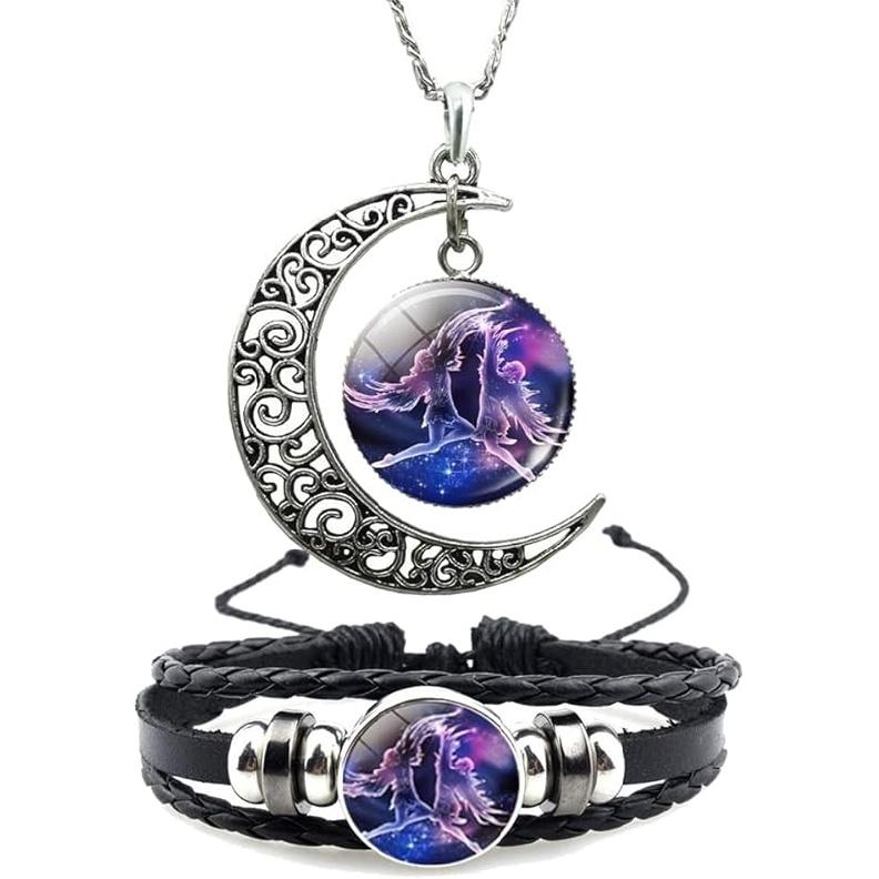 12 Zodiac Constellation Necklace Bracelet Time Gemstone Horoscope Astrology Moon Crescent Necklace for Women Men Birthday Gift Jewelry