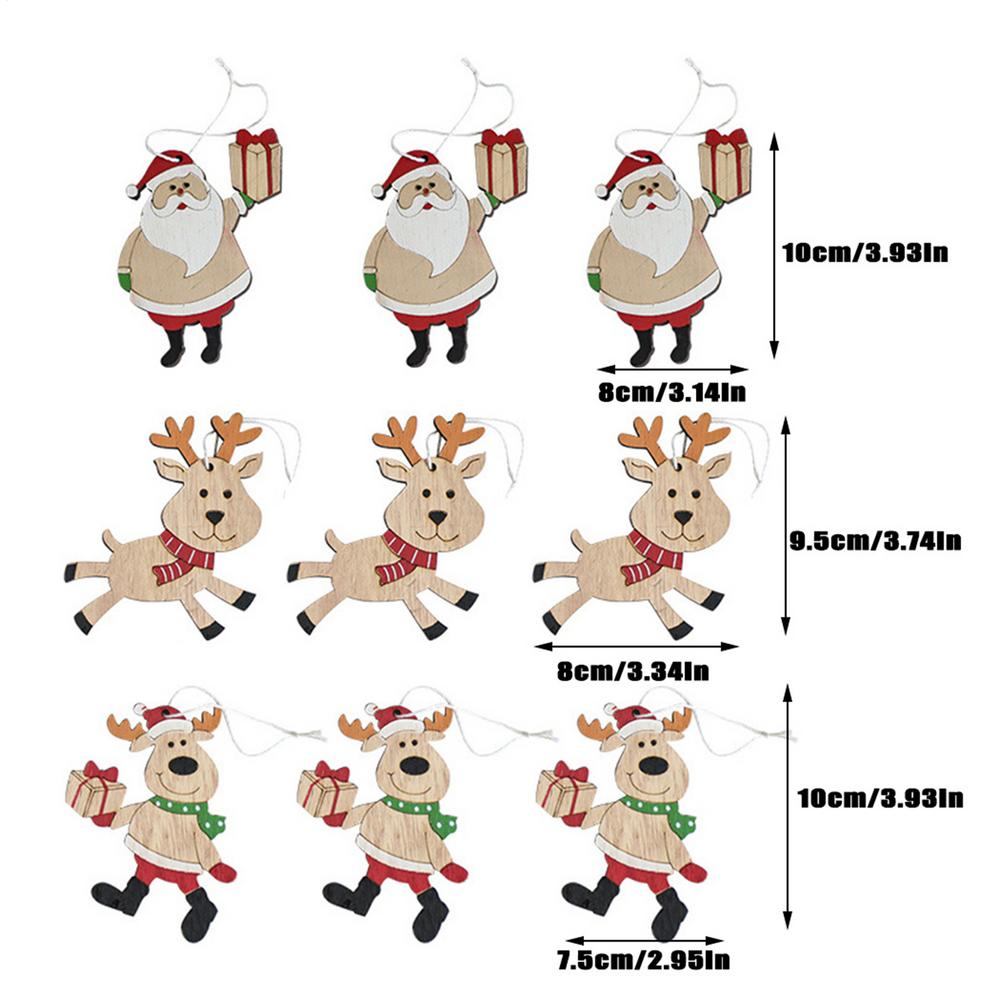 

9PCS Christmas Tree Decorations Santa Claus Snowman Elk Cartoon Wooden Pendant with Lanyard Creative Decoration Props