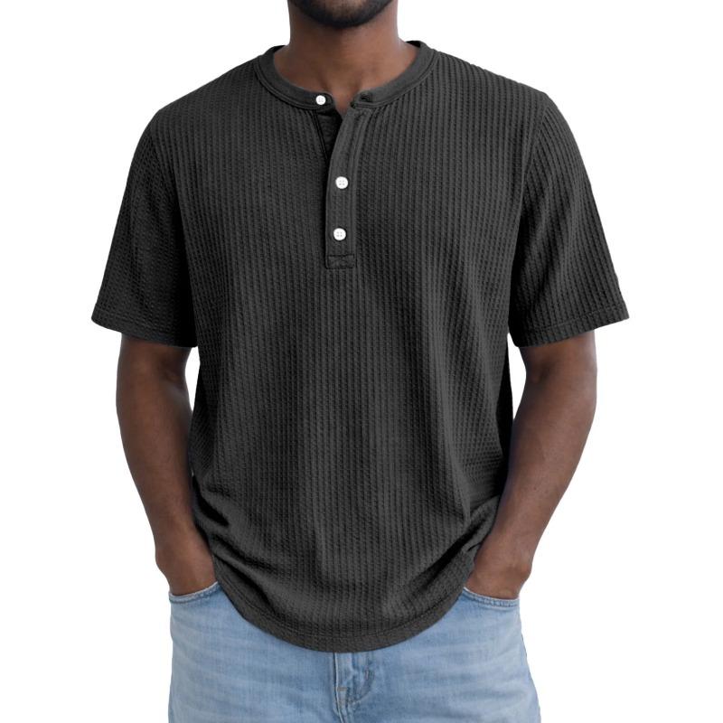 Мужская зеленая вафельная рубашка-henley с коротким рукавом, круглым вырезом, повседневная, свободного кроя, пуловер S чёрный