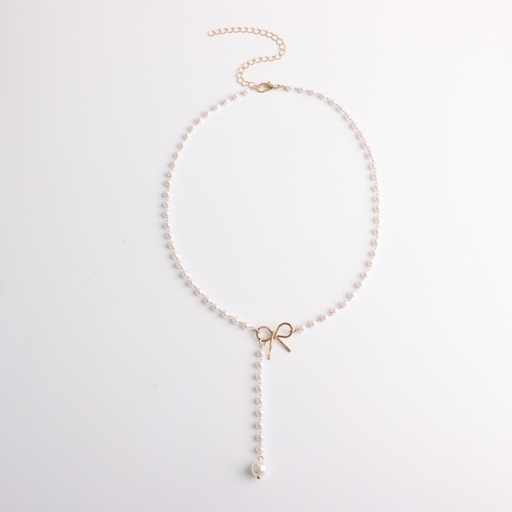 Alloy Bow Pearl Fringed Pendant Necklace Women's Simple Temperament Popular Necklace