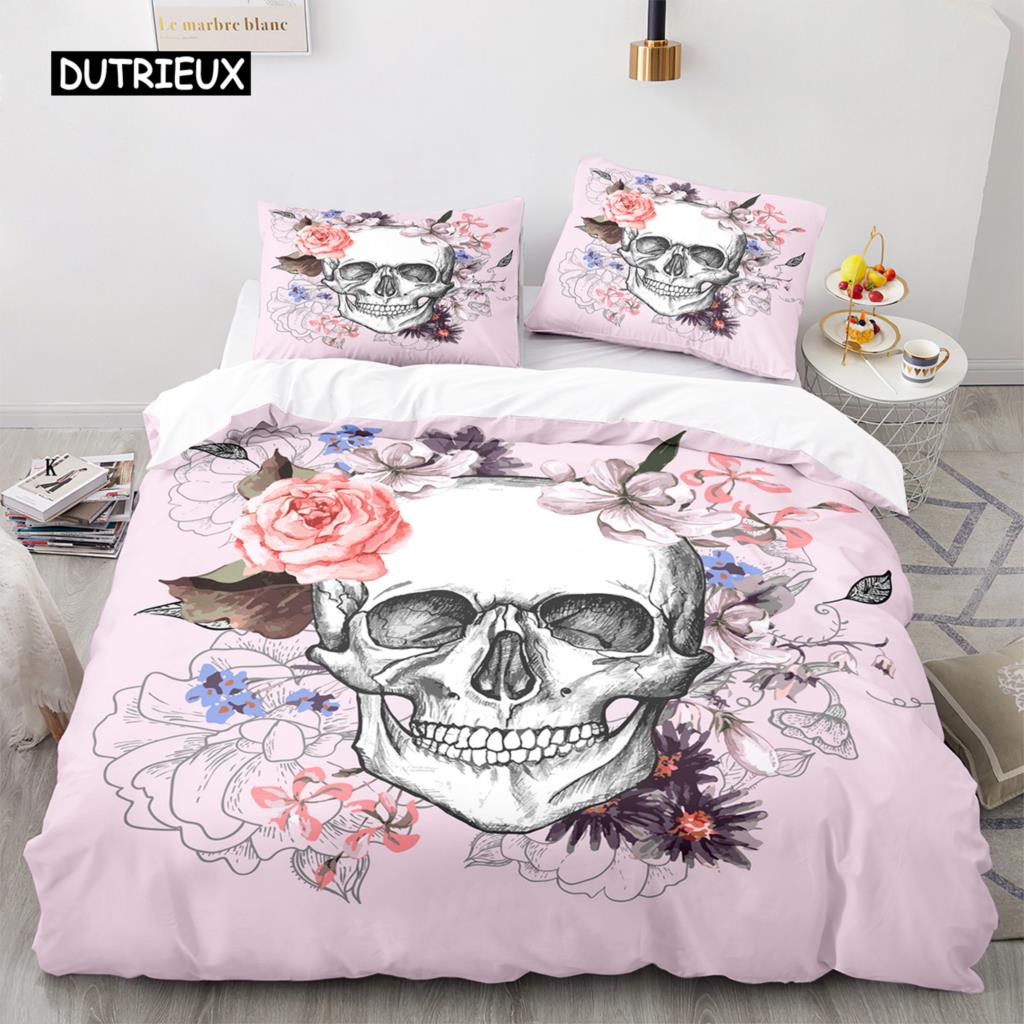 Povlak na přikrývku Sugar Skull King Mikrovlákno Růžový Ložní Set Květinová Lebka Povlak na Přikrývku Černá Červená Oranžová Kostra Jednolůžkový Povlak na Prošívanou Přikrývku