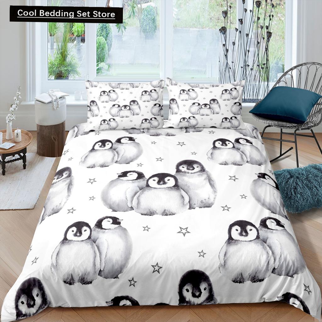 Penguin King Queen Duvet Cover Lovely Black White Antarctic Animals Bedding Set for Kids Wildlife 2/3pcs Polyester Quilt Cover