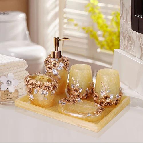 Resin Bathroom Set Toiletries Bathroom 5-piece Set with Rectangular Tray Lotion Bottle Toothbrush Holder Mouth Cup Soap Dish