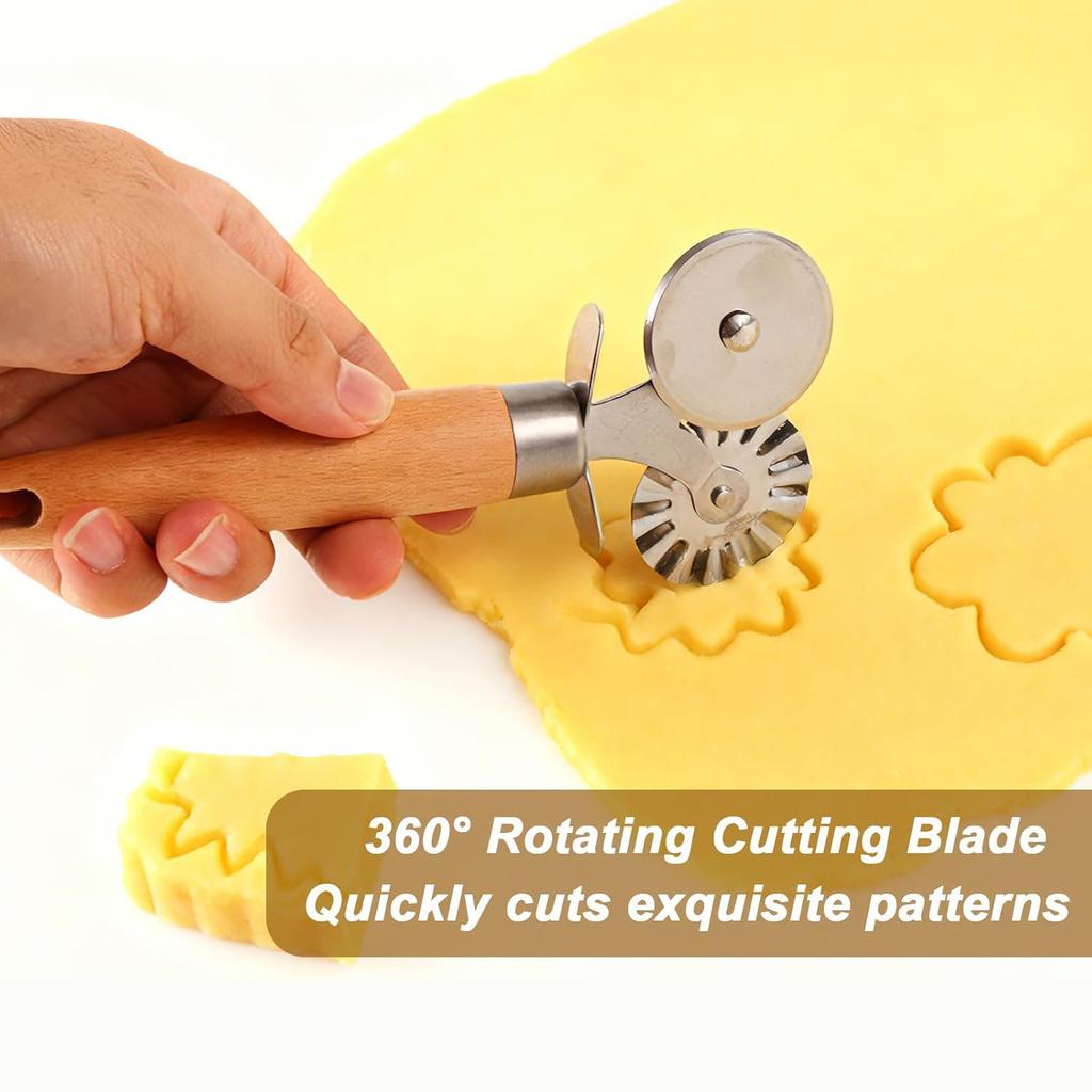 Double Wheel Pastry Cutter, Professional Pizza Cutter With Wood Handle