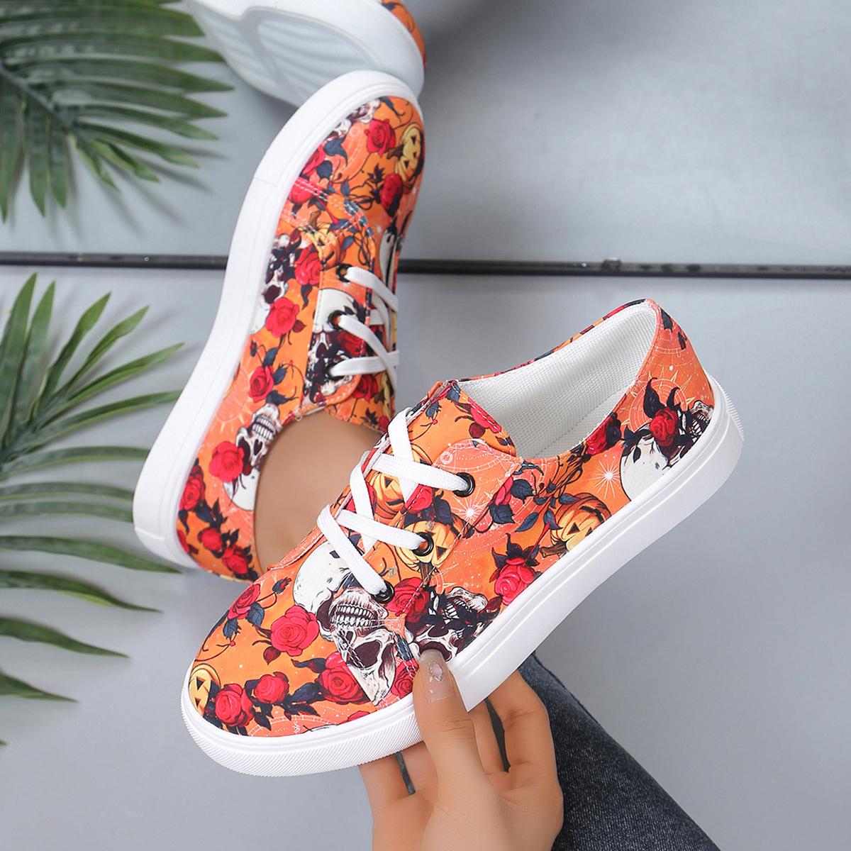 

Женская парусиновая обувь с принтом тыквы и летучей мыши, повседневная уличная обувь на шнуровке, легкая обувь с низким вырезом для Хэллоуина, размер 36-42 42 оранжевый