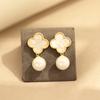 Classic Gold-plated Natural Fritillary Four-leaf Clover Stud Earrings Temperament 925 Silver Needle Pearl Earrings Without Ear Piercings Women's Model