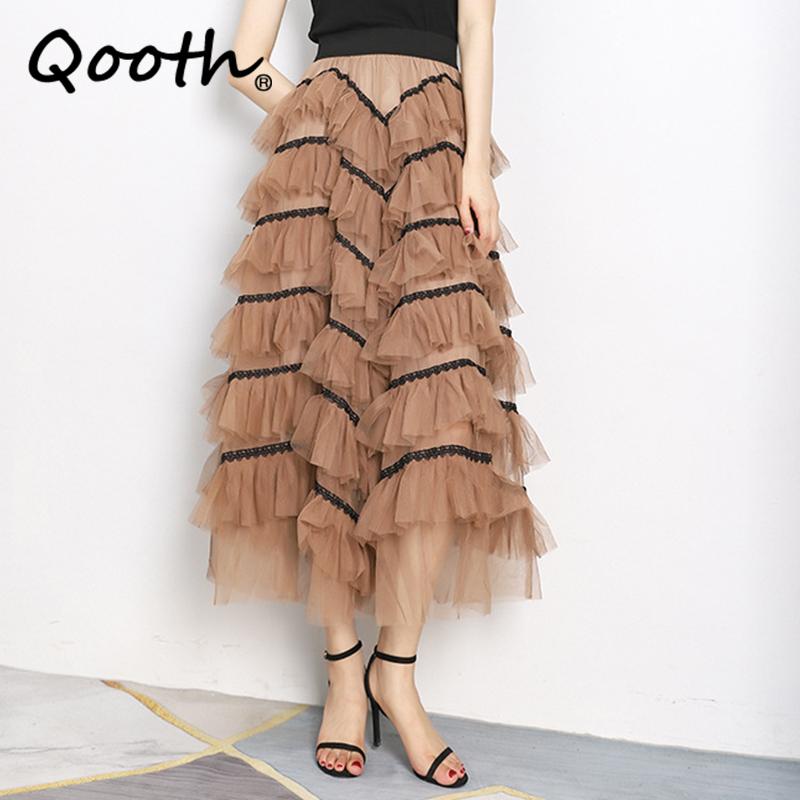 

Qooth Tulle Tiered Skirt Ankle Length Skirt with Modesty Panel Elastic Waist Gauze Skirt QT2206 One Size червоний