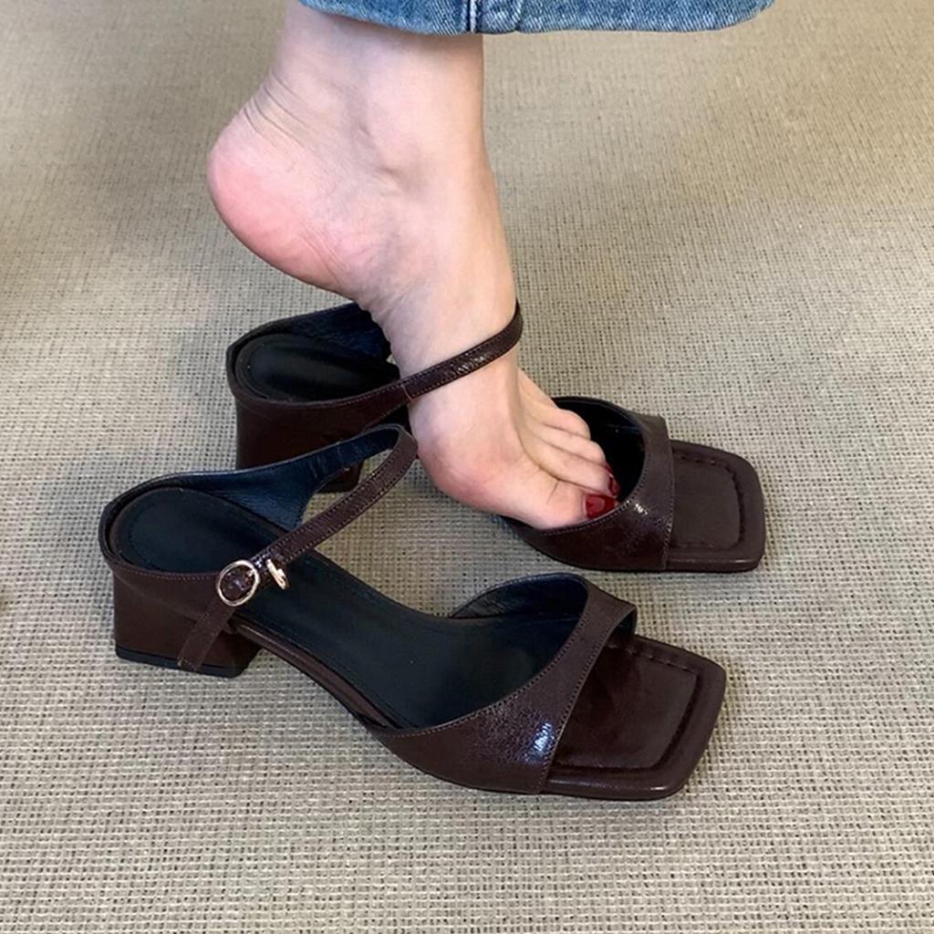 Sheepskin version~ Simple temperament thick heel square head sandals women's retro versatile skirt elegant fashion commuter sandals