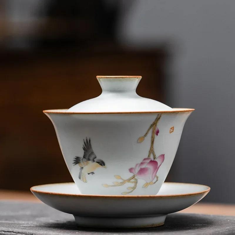 150ml Retro Ru Kiln Ceramic Tea Tureen Handmade Flower Pattern Gaiwan Household Teacup Travel Portable Tea Bowl Chinese Teaware