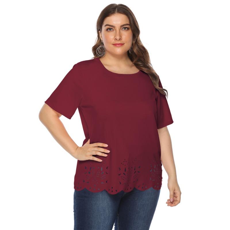 T-shirt da Donna Taglie Forti con Ricamo a Occhielli Girocollo Manica Corta Orlo Festonato Top Casual