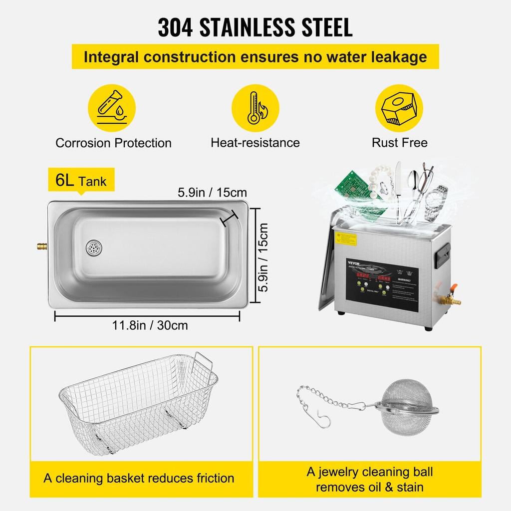 6L Digital Ultrasonic Cleaner Heater Timer 400W Powerful Jewelry Eyeglass