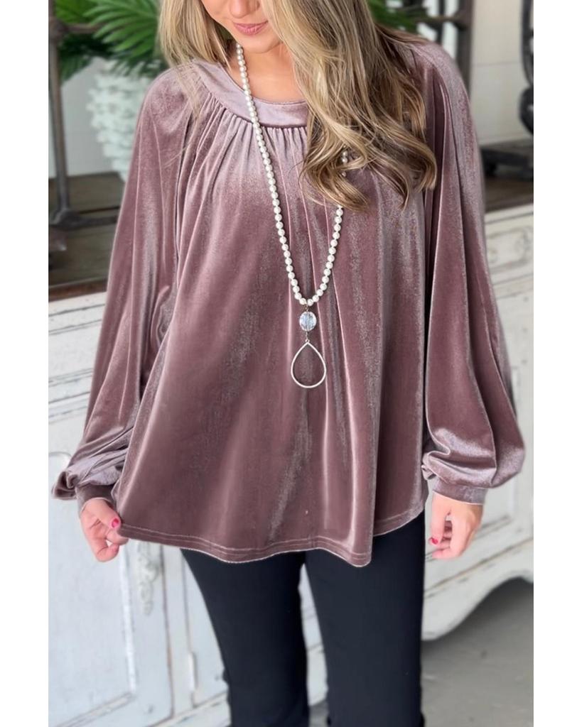 Azura Exchange Rose Tan Button Keyhole Back Velvet Swing Top