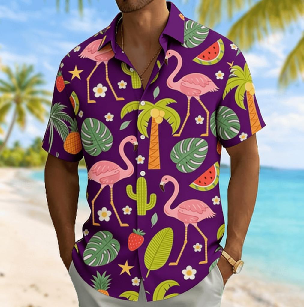 Men's Flamingo & Fruit Plant Print Short Sleeve Shirt, Spring Summer Fun Vacation Turn-Down Collar Blouse, Loose Casual Top