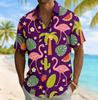 Men's Flamingo & Fruit Plant Print Short Sleeve Shirt, Spring Summer Fun Vacation Turn-Down Collar Blouse, Loose Casual Top
