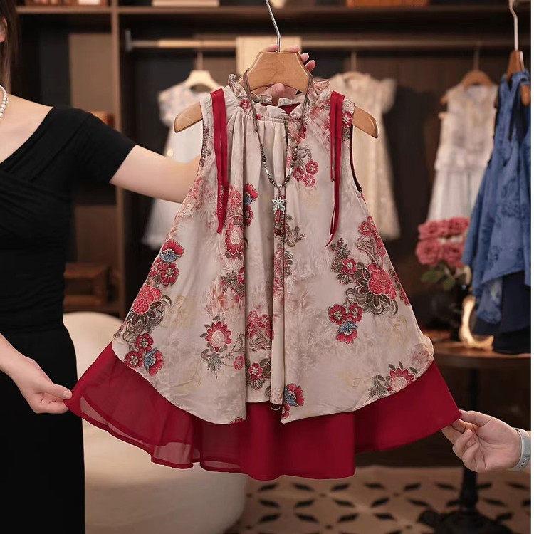 Girls New Chinese Hanfu Dress Summer Elegant Princess Modified Han Element Cotton Linen Childrens Traditional Clothing 90cm